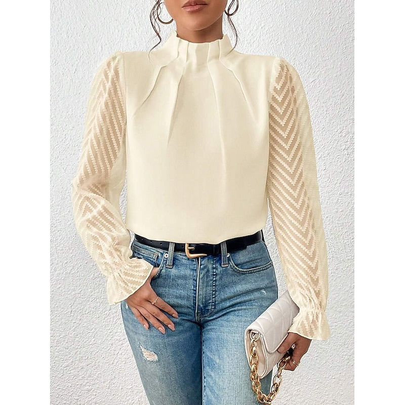 Bluse Dame Plisseret med Høj Hals og Gennemsigtige Ærmer i Beige, produktbillede