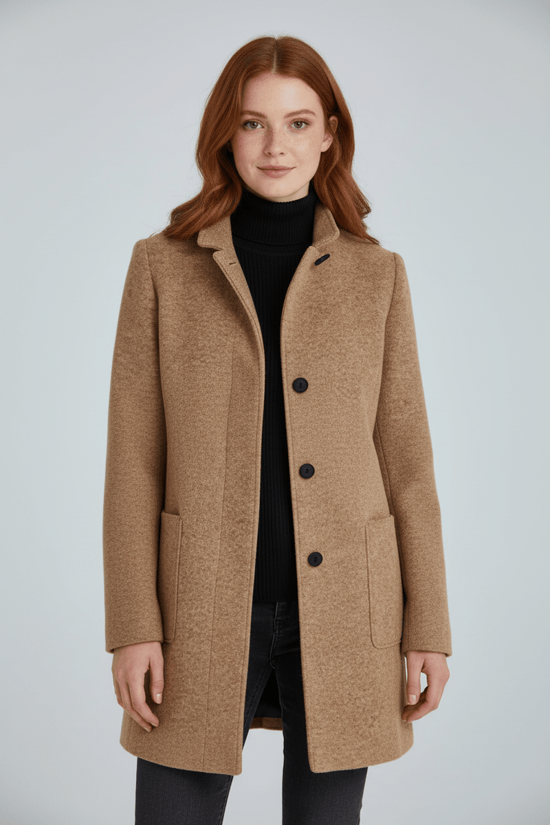 Patricia | Uld-look Bouclé Frakke i Khaki, forfra