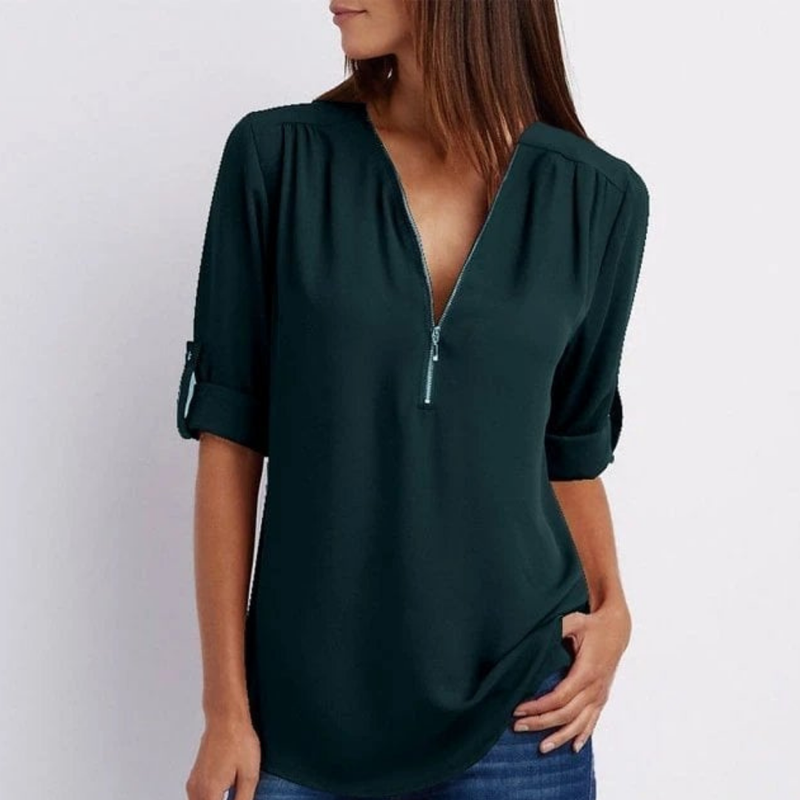 Pippa | Bluse med lynlås i Mørkegrøn, forfra