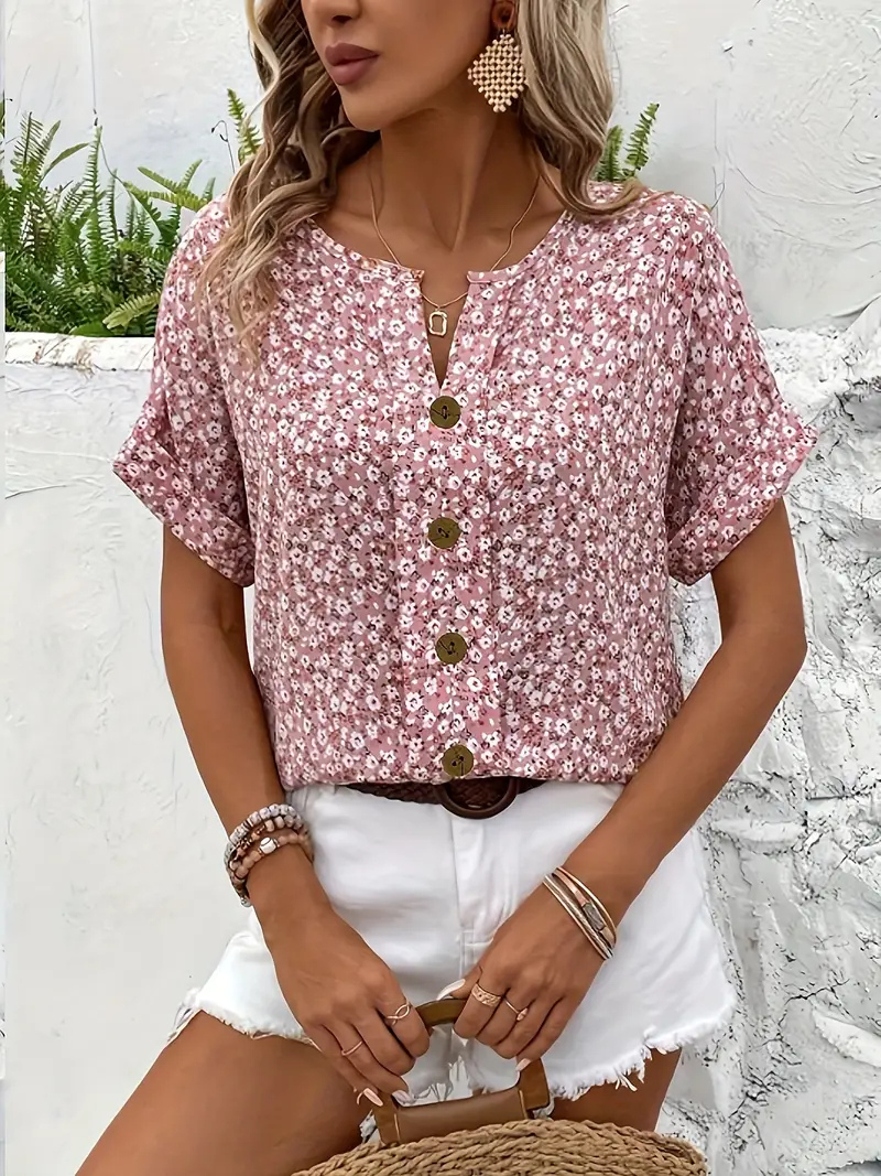 Remi | Bluse med småblomstret print i Rosa, nærbillede