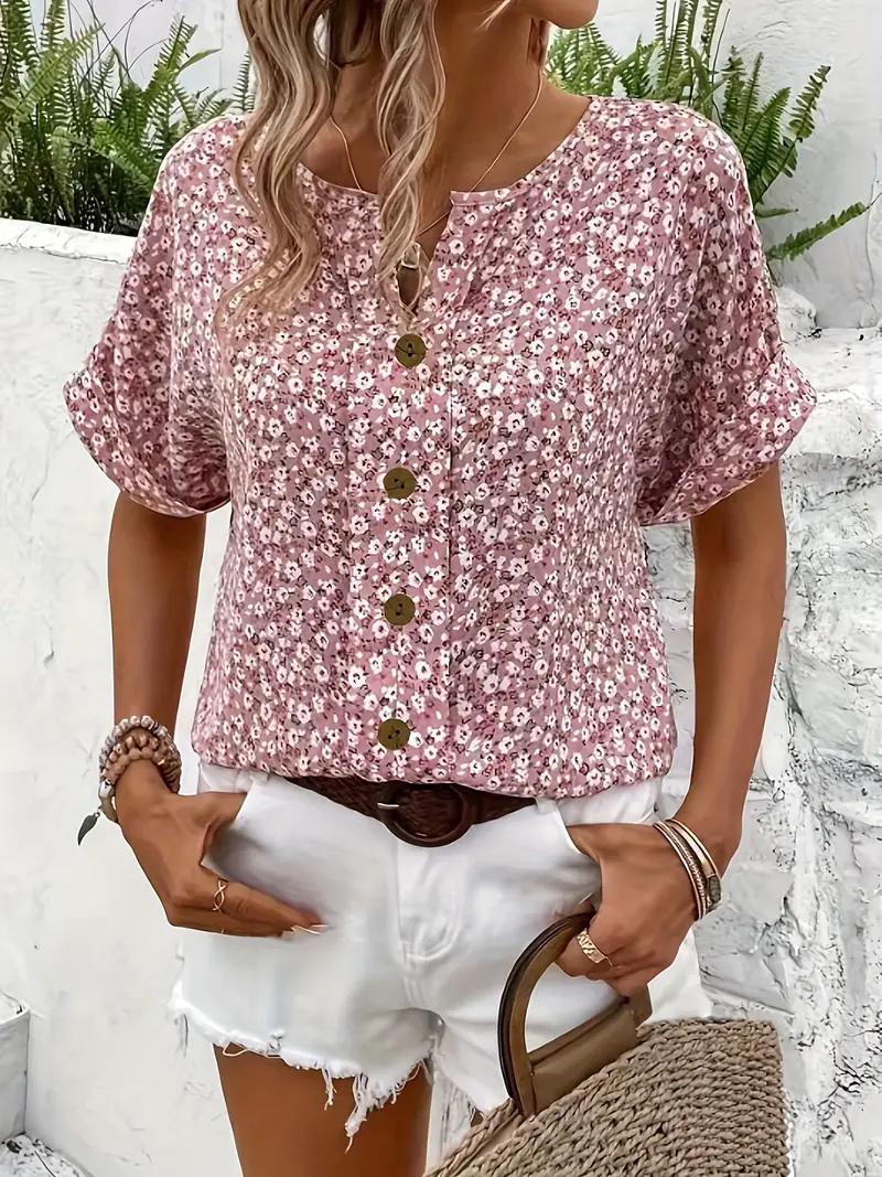 Remi | Bluse med småblomstret print i Rosa, nærbillede