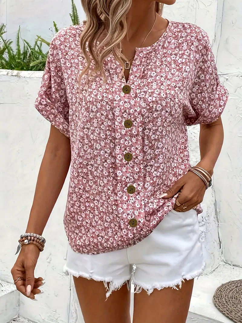 Remi | Bluse med småblomstret print i Rosa, nærbillede