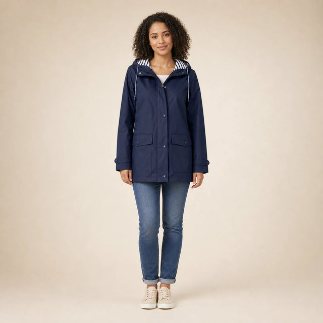 Riley | Women's Hooded Rain Jacket, Windproof Shell in Navy Blue, view 1