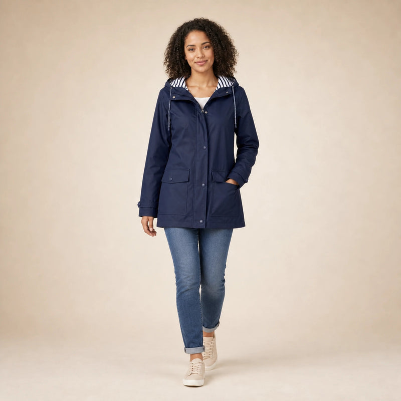 Riley | Women's Hooded Rain Jacket, Windproof Shell in Navy Blue, view 3