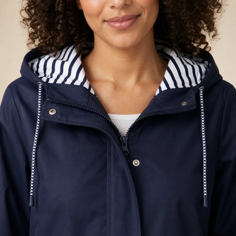 Riley | Women's Hooded Rain Jacket, Windproof Shell in Navy Blue, view 4