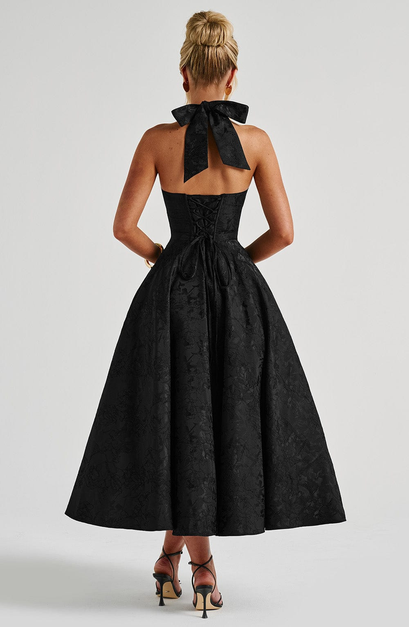 Selma | Jacquard Halterkjole i Sort, bagfra