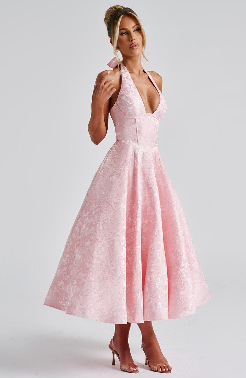 Selma | Jacquard Halterkjole i Rosa, bagfra
