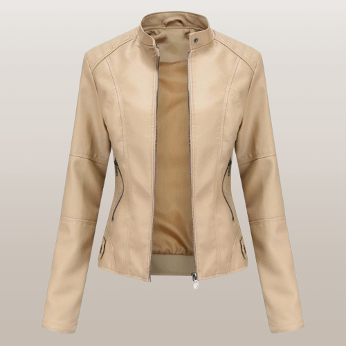 Sienna | Bikerjakke i Veganskind i Beige, forfra