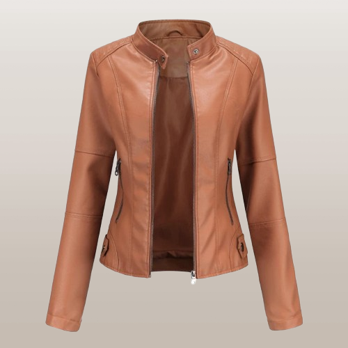 Sienna | Bikerjakke i Veganskind i Khaki, forfra