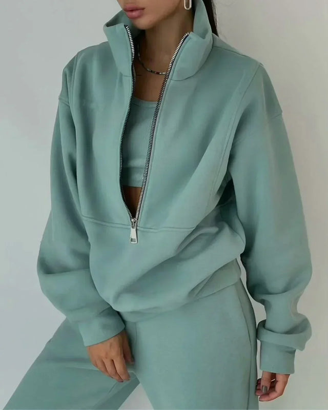Sweatshirt Dame Oversize med Halv Lynlås i Grøn, produktbillede