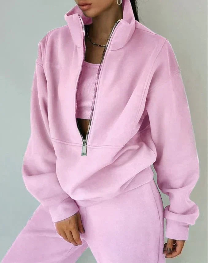 Sweatshirt Dame Oversize med Halv Lynlås i Lys Rosa, produktbillede