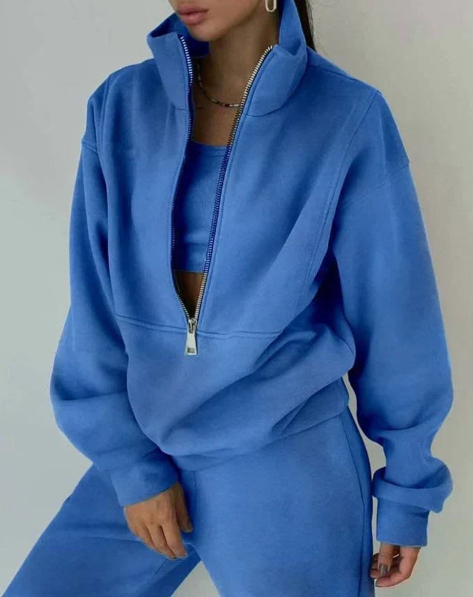 Sweatshirt Dame Oversize med Halv Lynlås i Blå, produktbillede