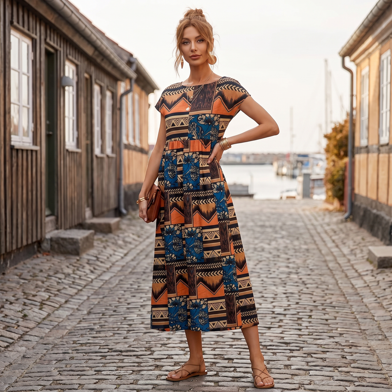 Signe | Printet midikjole med lommer i Orange, forfra