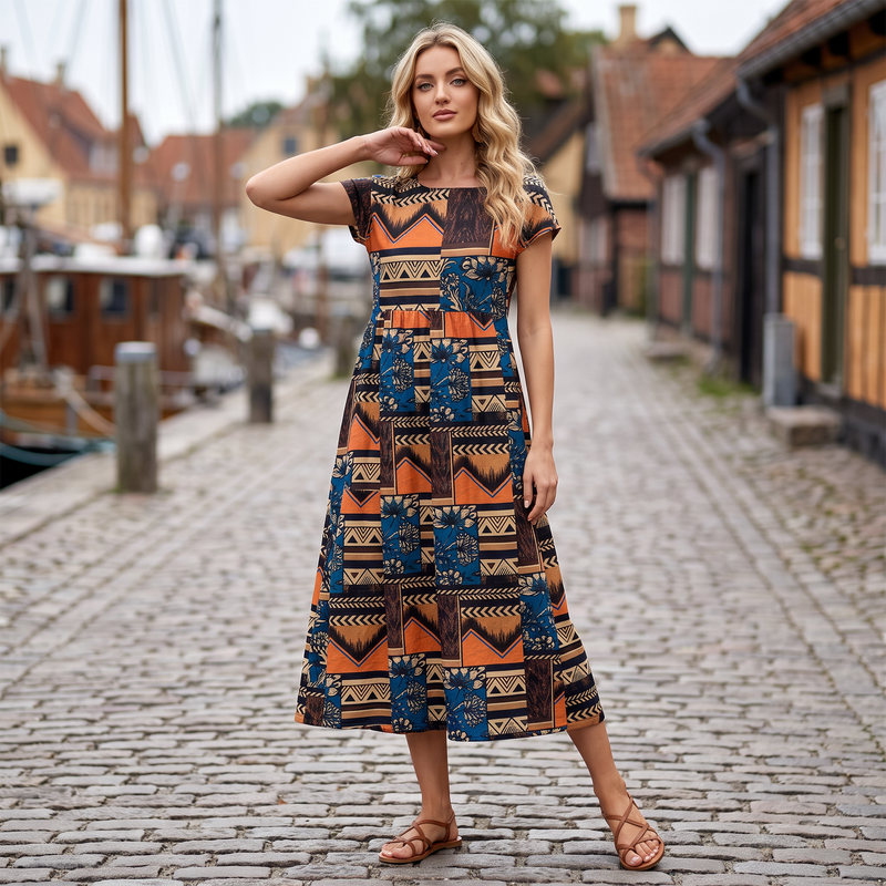 Signe | Printet midikjole med lommer i Orange, styling