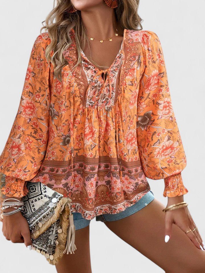Sofia | Boho bluse med print i Orange, produktbillede