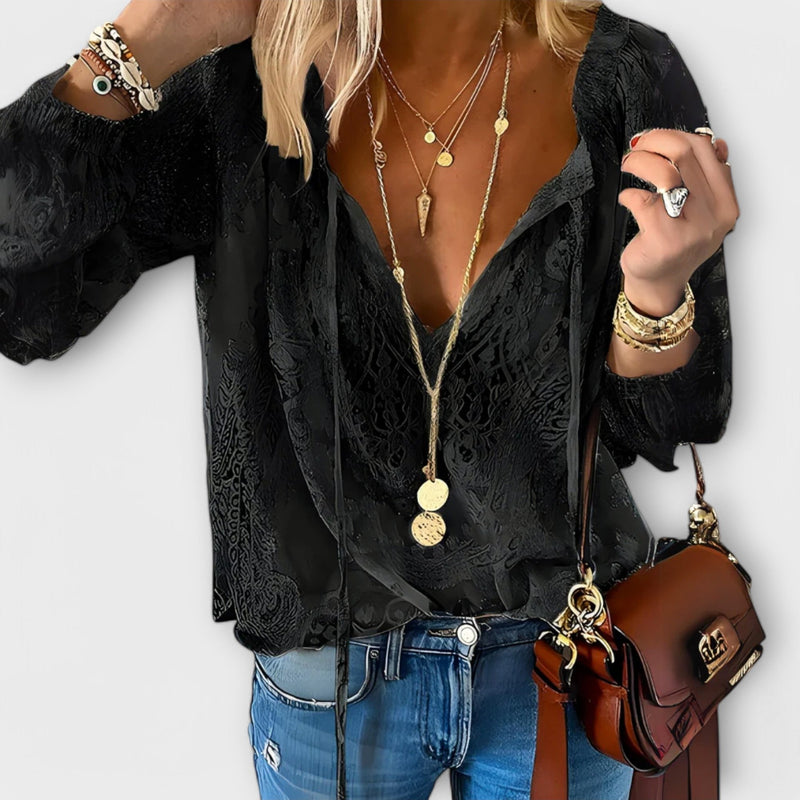 Sofia | Boho-bluse med blondekant i Sort, nærbillede