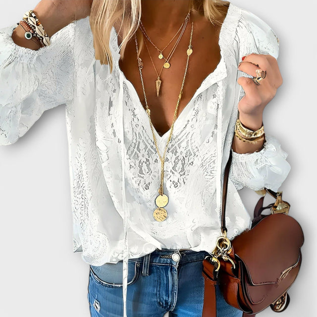 Sofia | Boho-bluse med blondekant i Hvid, nærbillede