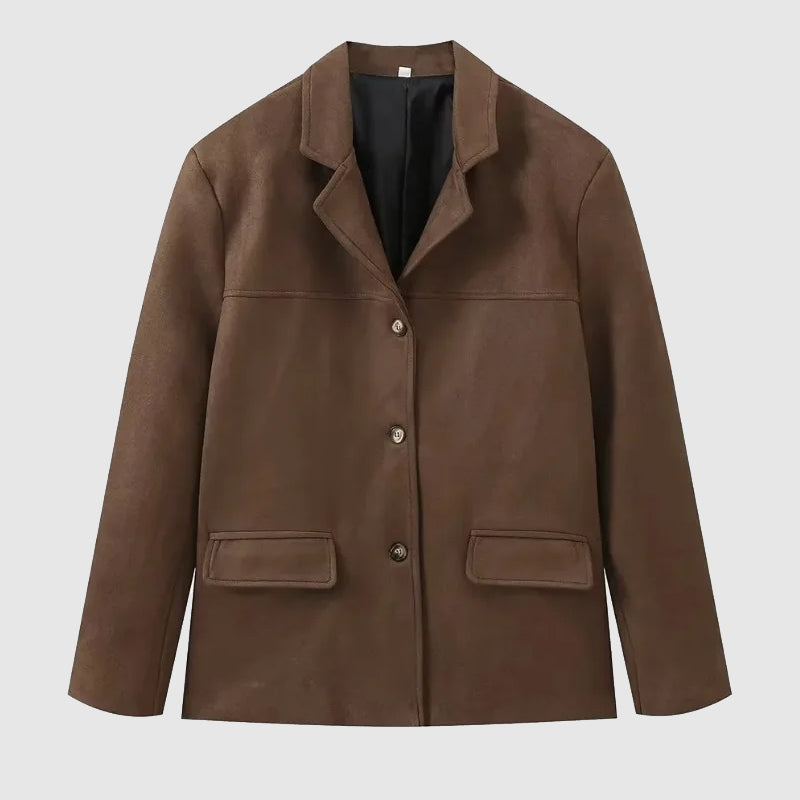 Solveig | Blazer i Ruskind-look i Mørkebrun, flat lay