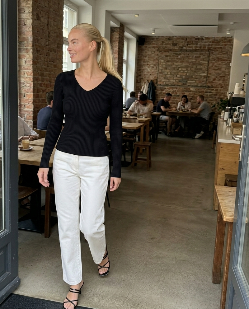 Solveig | Ribstrikket V-hals Top i Sort, lifestyle