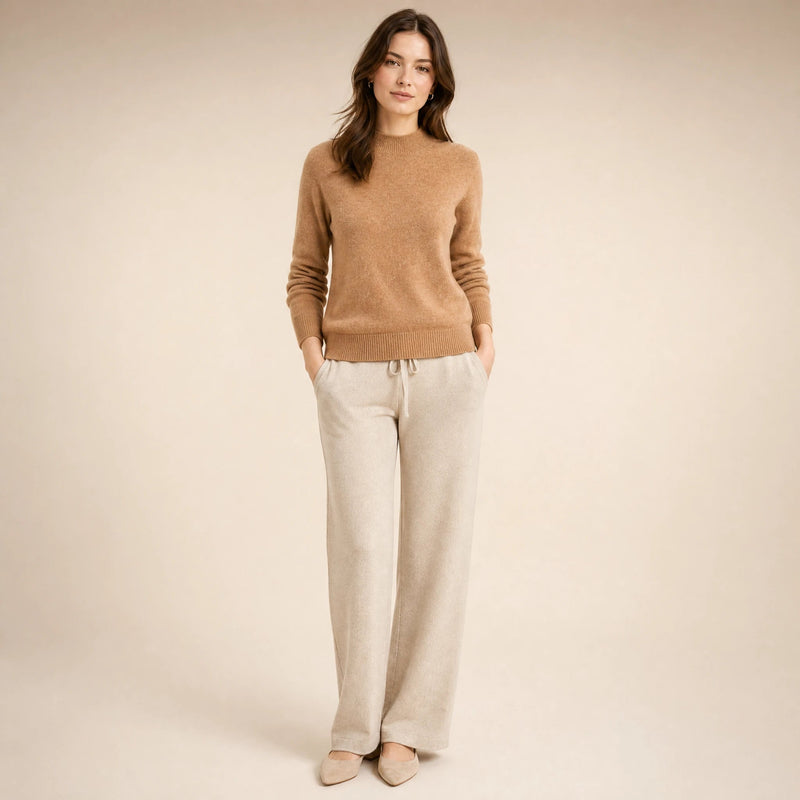 Stella | Women's Cashmere-Feel Sweater, Soft Crewneck Knit in Light Brown, view 1