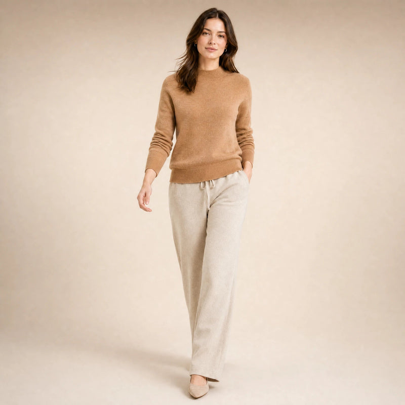 Stella | Women's Cashmere-Feel Sweater, Soft Crewneck Knit in Light Brown, view 3