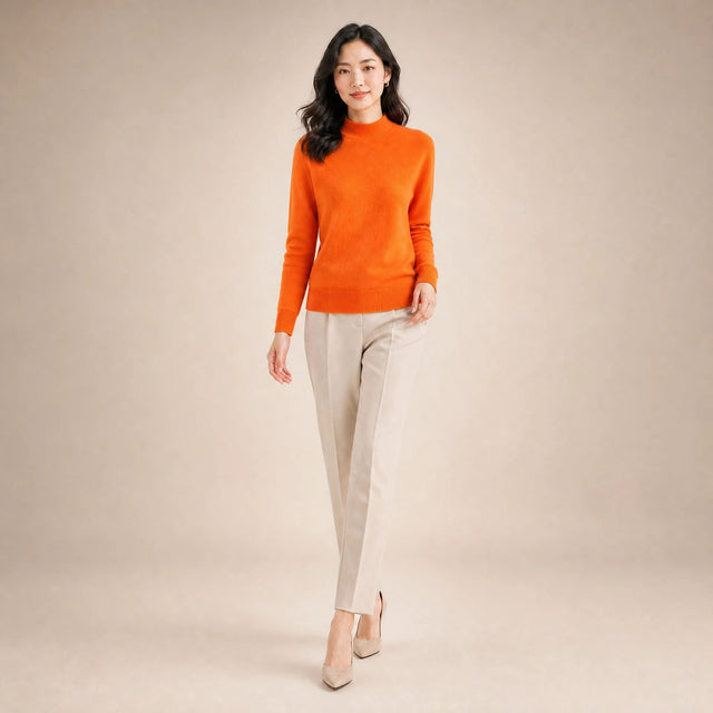 Stella | Women's Cashmere-Feel Sweater, Soft Crewneck Knit in Orange, view 3