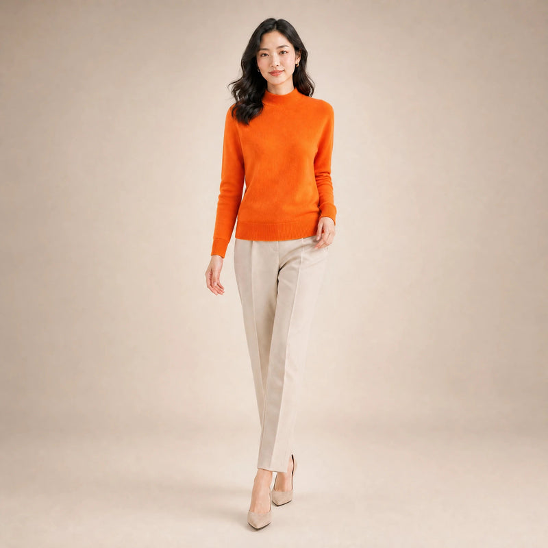 Stella | Women's Cashmere-Feel Sweater, Soft Crewneck Knit in Orange, view 3