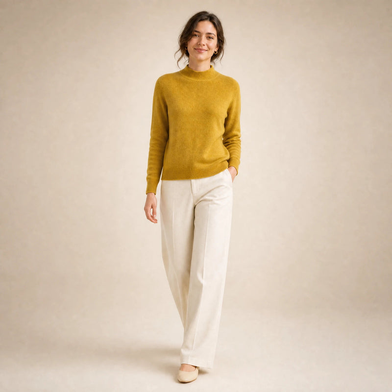 Stella | Women's Cashmere-Feel Sweater, Soft Crewneck Knit in Yellow, view 3