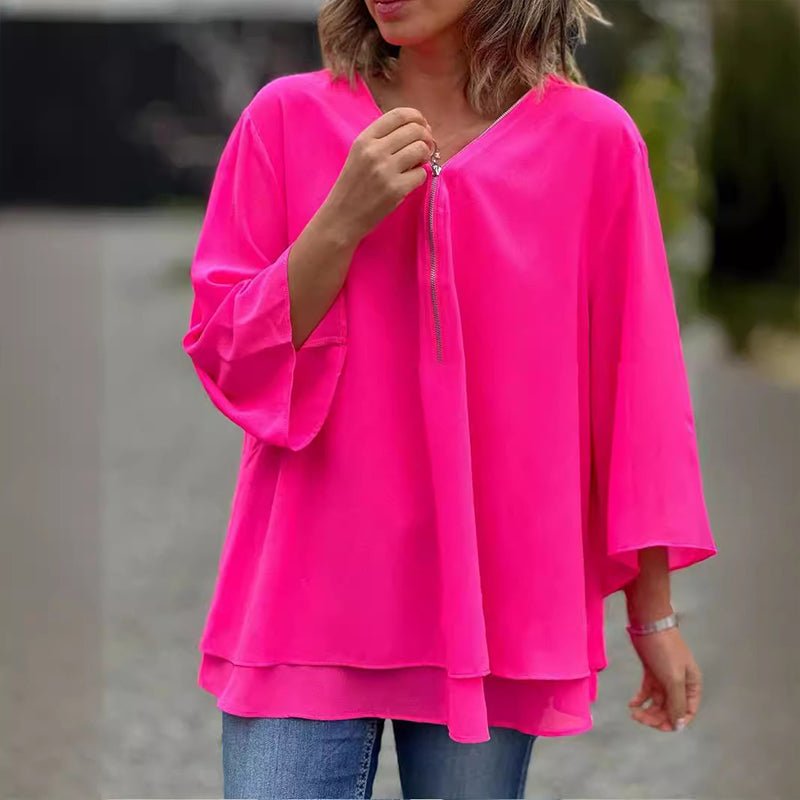 Susie | Bluse i chiffon med lynlås i Mørk Rosa, forfra