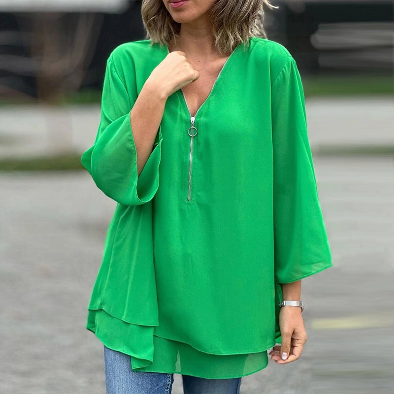 Susie | Bluse i chiffon med lynlås i Grøn, forfra