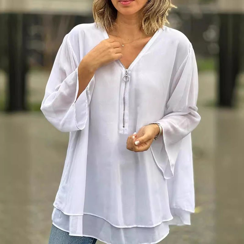 Susie | Bluse i chiffon med lynlås i Hvid, forfra