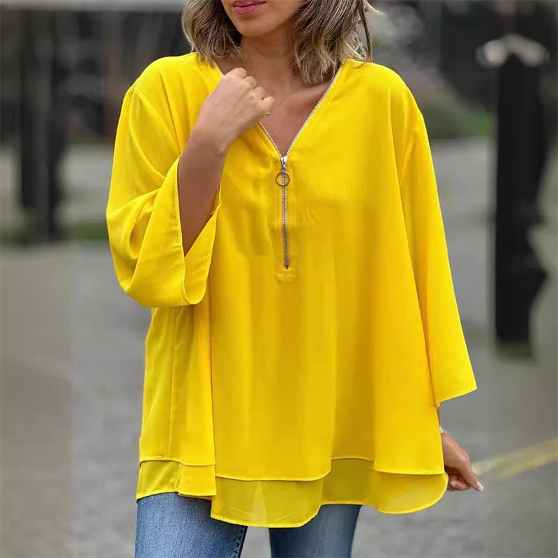 Susie | Bluse i chiffon med lynlås i Gul, forfra