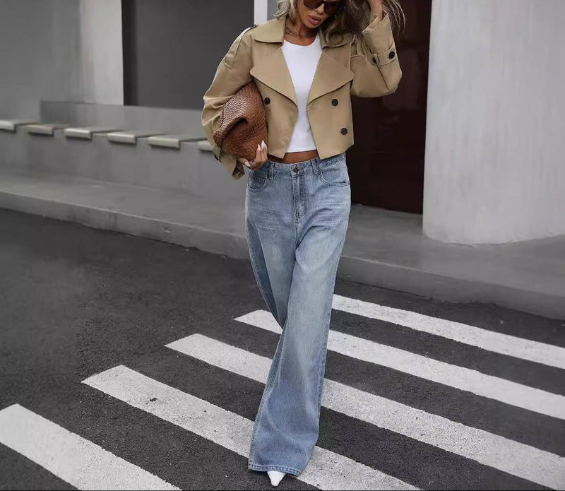 Tess | Cropped trenchjakke i Khaki, nærbillede
