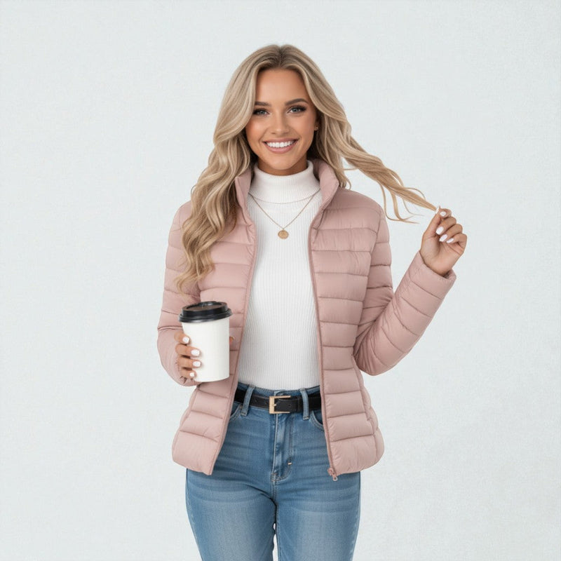 Quiltet Jakke Dame Vinterjakke med Stangkrave, Beige i Rosa, produktbillede