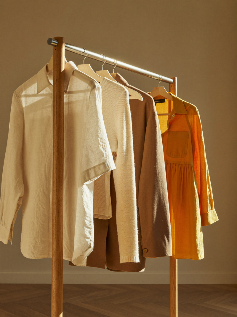 Garment rail with fresh arrivals in golden afternoon sun