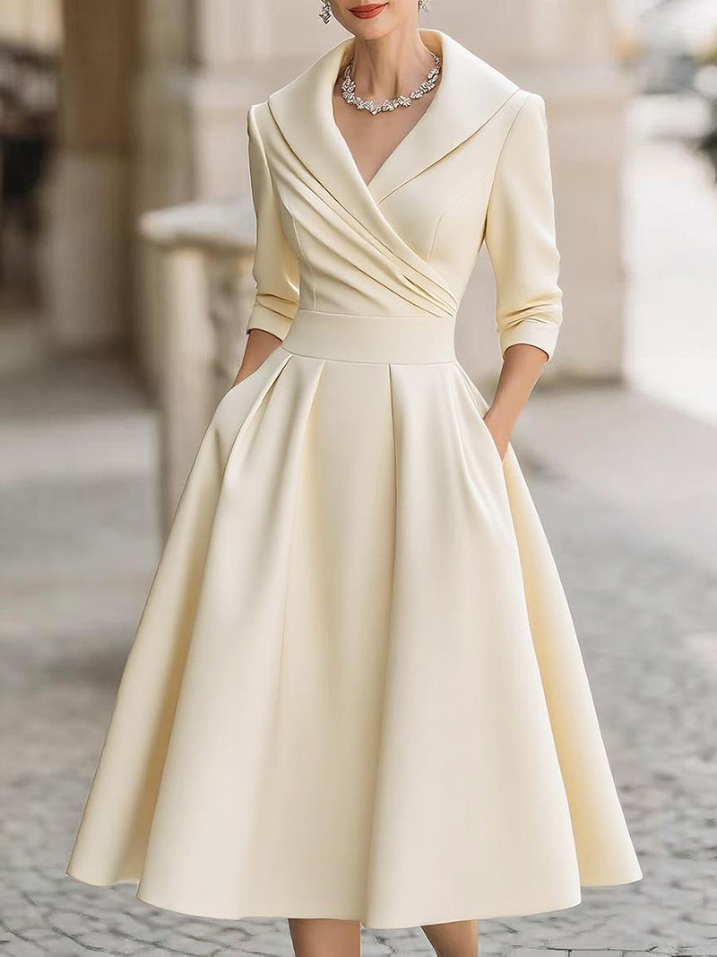 Wrap Kjole Dame Klassisk Midi, Tætsiddende Talje i Beige, produktbillede