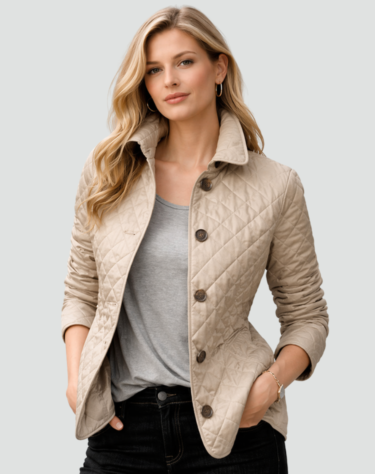 Vibe | Quiltet Jakke med Krave i Khaki, forfra