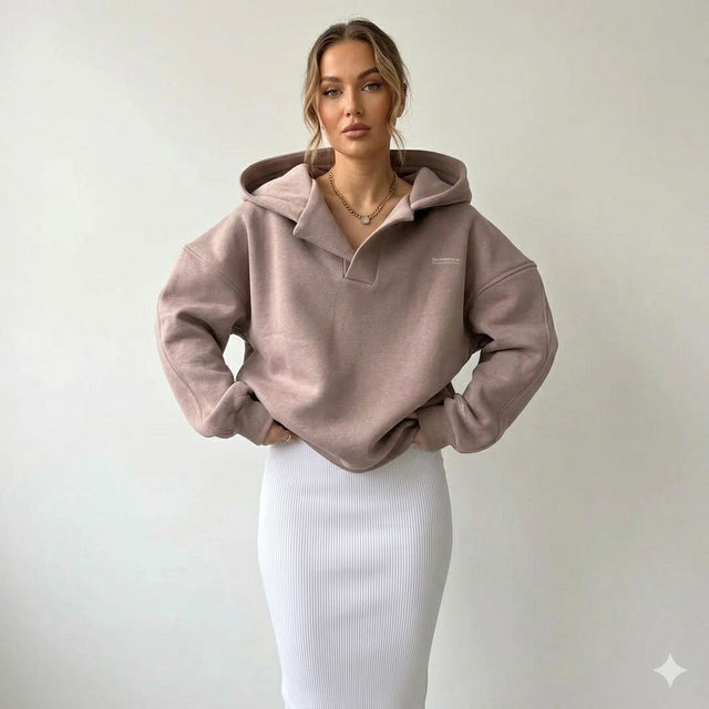 Vibeke | Oversize Hættetrøje med Krave i Rosa, forfra