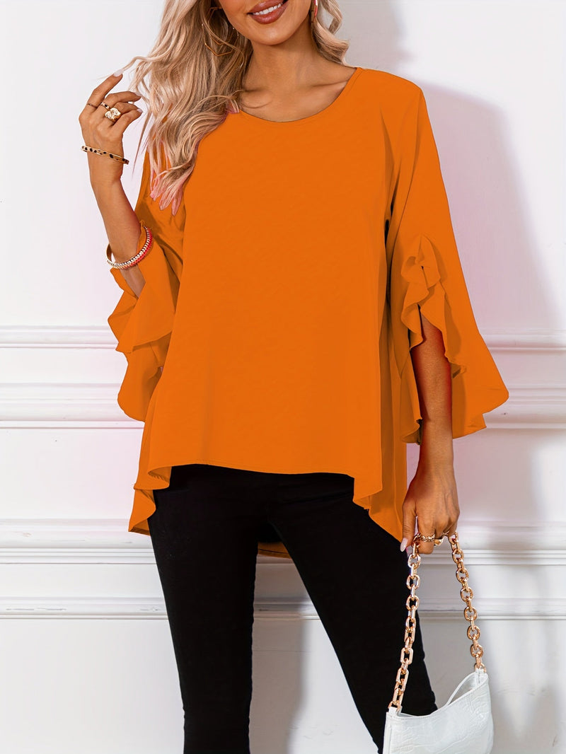 Vibeke | Bluse med flæseærmer i Orange, forfra