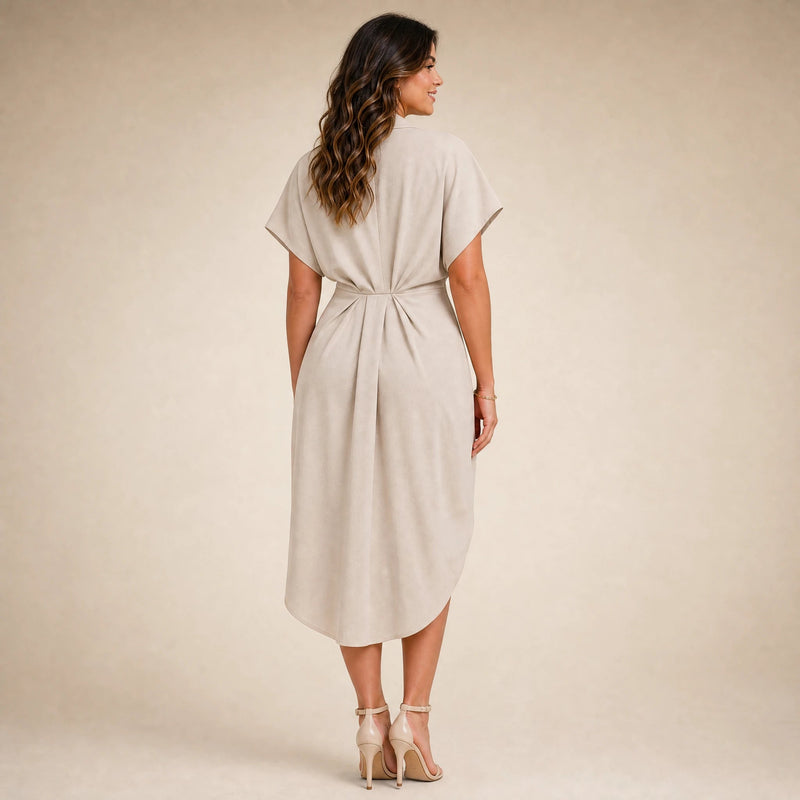 Victoria | Women's Wrap Midi Dress with V-Neck in Beige, view 2