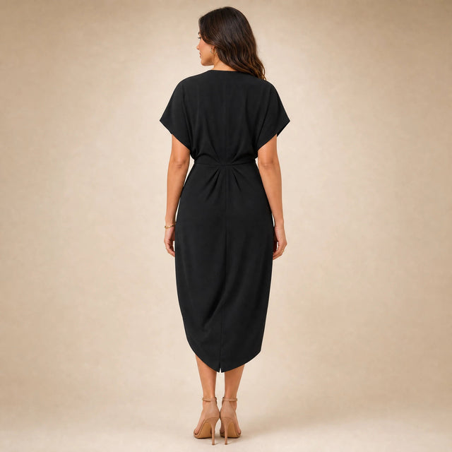 Victoria | Women's Wrap Midi Dress with V-Neck in Black, view 2