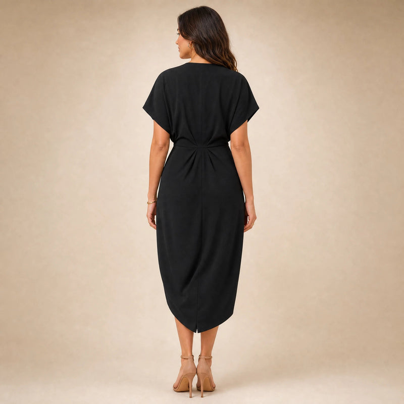 Victoria | Women's Wrap Midi Dress with V-Neck in Black, view 2