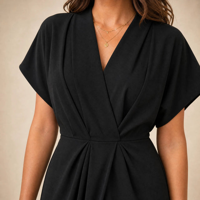 Victoria | Women's Wrap Midi Dress with V-Neck in Black, view 4
