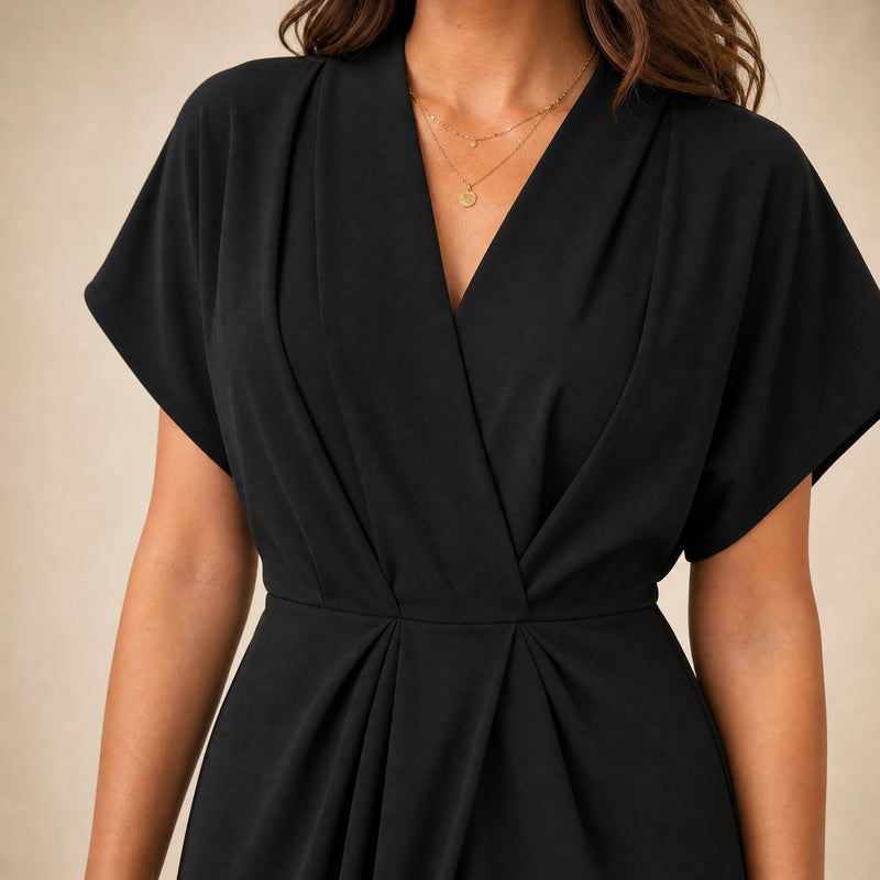 Victoria | Women's Wrap Midi Dress with V-Neck in Black, view 4