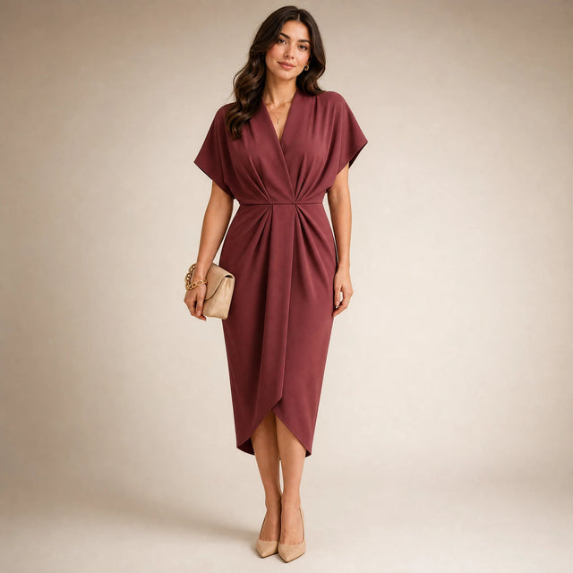 Victoria | Women's Wrap Midi Dress with V-Neck in Coral, view 1