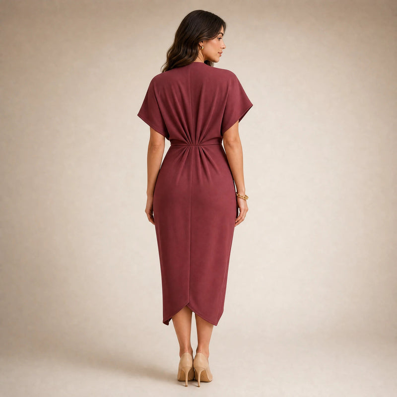 Victoria | Women's Wrap Midi Dress with V-Neck in Coral, view 2