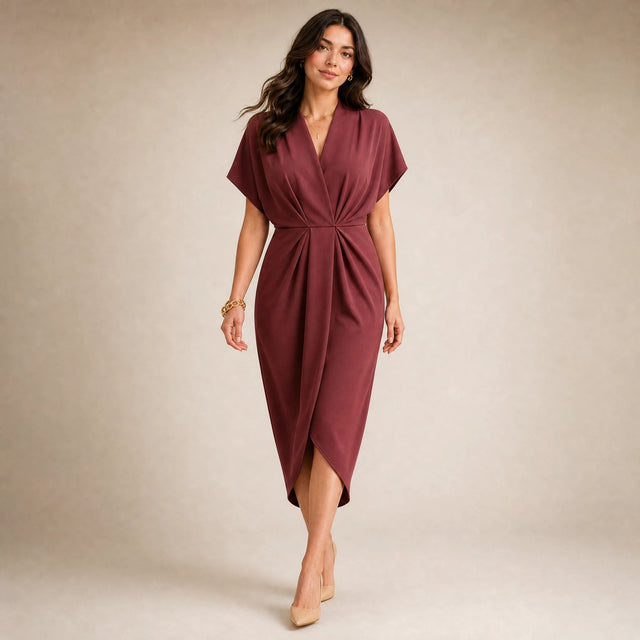 Victoria | Women's Wrap Midi Dress with V-Neck in Coral, view 3