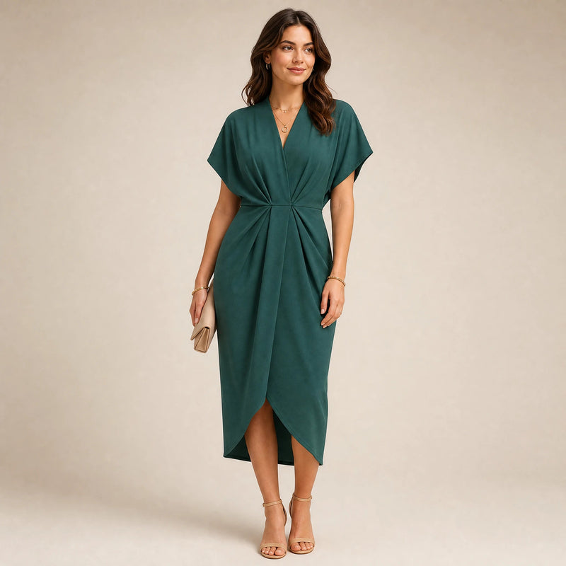 Victoria | Women's Wrap Midi Dress with V-Neck in Dark Green, view 1