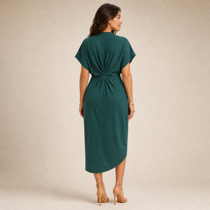 Victoria | Women's Wrap Midi Dress with V-Neck in Dark Green, view 2