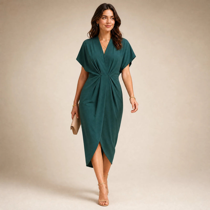 Victoria | Women's Wrap Midi Dress with V-Neck in Dark Green, view 3